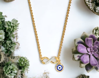 Collana con ciondolo infinito in oro con occhio malvagio: ciondolo 18k, gioielli fatti a mano