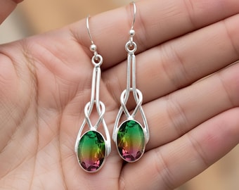 Handcrafted 925 Sterling Silver Earrings with Watermelon Tourmaline – Elegant Drop Earrings with Green and Pink Hues