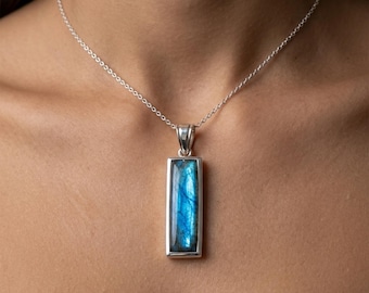 Blue Flash Labradorite Pendant Necklace, Handmade Sterling Silver Rectangular Gemstone Pendant, Minimalist Labradorite Jewelry Gift for Her