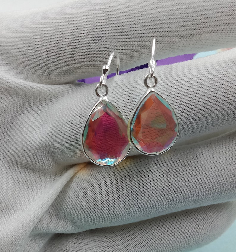Angel Aura Quartz Teardrop Earrings, Handmade Earring, 925 Sterling Silver, Aura Quartz Earrings, Bezel Earring, Dangle Drop Earrings