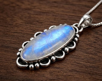 Rainbow Moonstone Pendant Necklace – Handmade Silver Oval Gemstone Necklace Gift for Women