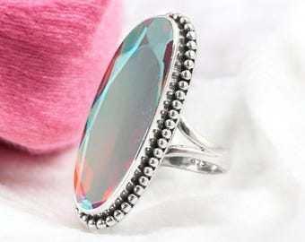 Angel Aura Quartz 925 Sterling Silver Ring: Handmade Boho Statement Jewelry