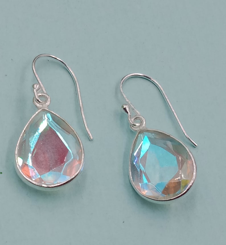 Angel Aura Quartz Teardrop Earrings, Handmade Earring, 925 Sterling Silver, Aura Quartz Earrings, Bezel Earring, Dangle Drop Earrings