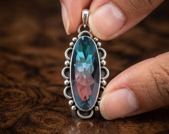 Alexandrite Pendant Necklace, Silver Handmade Oval Alexandrite Pendant, Color Change Gemstone Jewelry, June Birthstone Statement Necklace