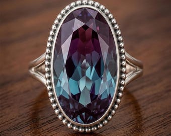 Handmade Oval Alexandrite Statement Ring • Color-Changing Sterling Silver Boho Minimalist Jewelry
