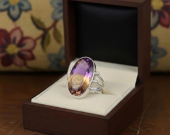 Handmade Oval Ametrine Statement Ring, 925 Sterling Silver, Bi-Color Gemstone