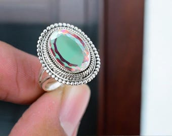 Handmade Angel Aura Quartz Ring: 925 Sterling Silver Oval Gemstone