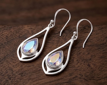 Sterling Silver Angel Aura Teardrop Earrings | Iridescent Mystic Quartz Dangle Boho Jewelry