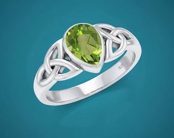 Celtic Knot Peridot Ring 925 Sterling Silver Pear Cut Green Gemstone Ring for Women Natural Inspired Promise Ring Engagement Jewelry Gift