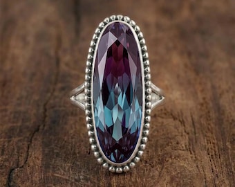 Oval Alexandrite Sterling Silver Ring | Color-Changing Gemstone, Beaded Setting, Boho Statement Jewelry
