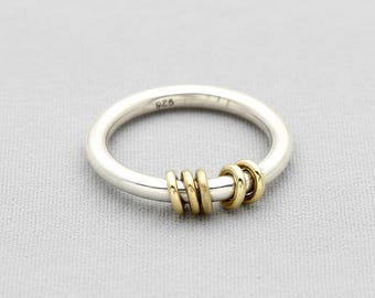Two-Tone Sterling Silver Rolling Ring: Handmade Boho Stacking Band