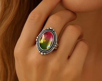 Handmade Watermelon Tourmaline Ring: Sterling Silver Oval Quartz Doublet
