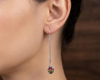 Watermelon Tourmaline Quartz Dangle Drop Earrings 925 Sterling Silver Handmade Boho Statement Jewelry Gift for Her Pink Green Oval Gemstone