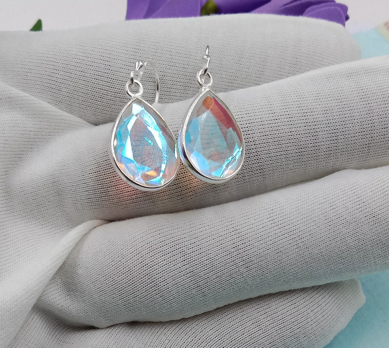 Angel Aura Quartz Teardrop Earrings, Handmade Earring, 925 Sterling Silver, Aura Quartz Earrings, Bezel Earring, Dangle Drop Earrings