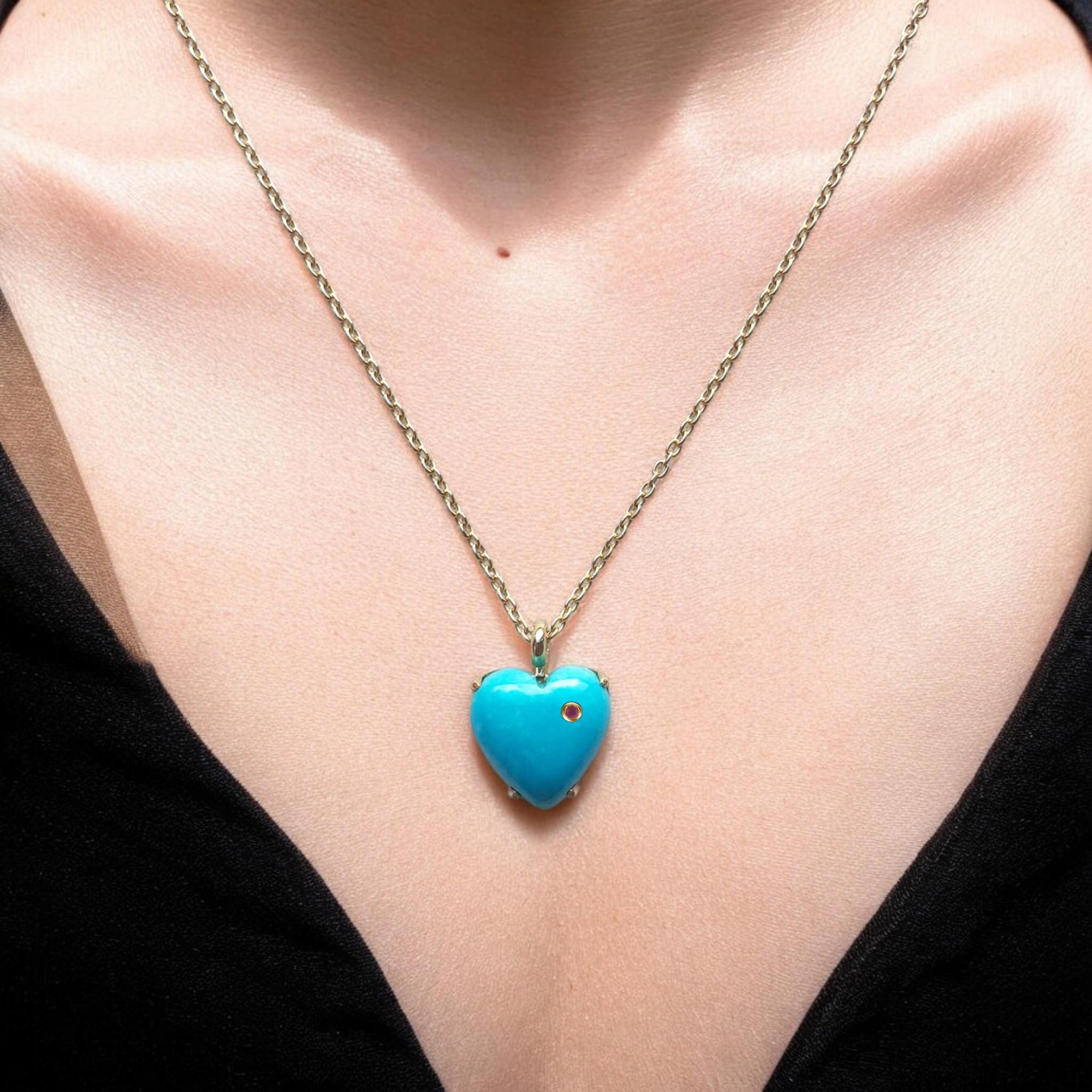 Turquoise Heart Pendant Necklace - Sterling Silver Link Chain - Etsy