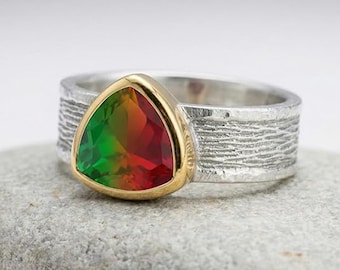 Watermelon Tourmaline Ring – 18k Gold Plated Bezel, Sterling Silver Textured Band
