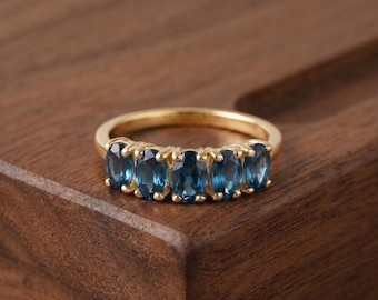 14K Gold London Blue Topaz Oval Ring – Minimalist Half Eternity Stacking Band