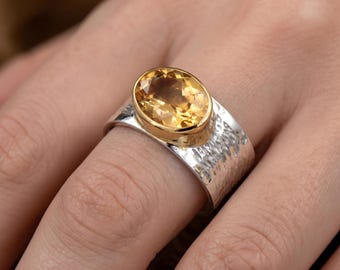 Oval Citrine Statement Ring, Sterling Silver Gold Bezel, November Birthstone Hammered Band
