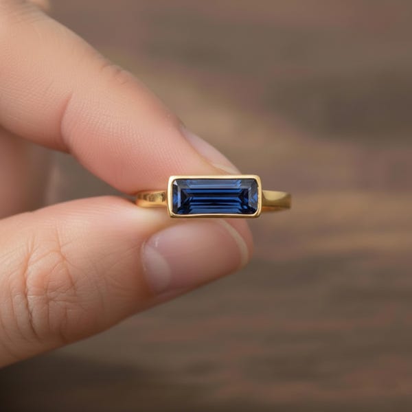14K Gold Blue Sapphire Quartz Ring – Minimalist Baguette Cut Gemstone Ring – Modern Handmade Gold Ring