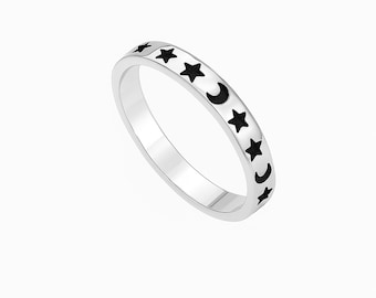 Oxidized Sterling Silver Moon and Star Ring: Celestial Stacking Band
