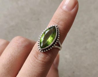 Marquise Peridot Ring, Sterling Silver Boho Statement, August Birthstone Jewelry