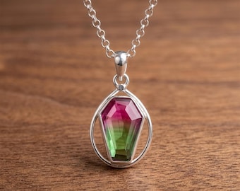 Watermelon Tourmaline Pendant Necklace, Sterling Silver Gemstone Jewelry, October Birthstone Gift, Handmade Minimalist Pendant