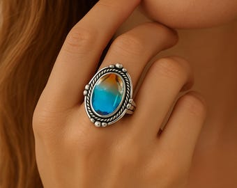 Handmade Color Change Alexandrite Ring, Sterling Silver, Oval Lab Gemstone