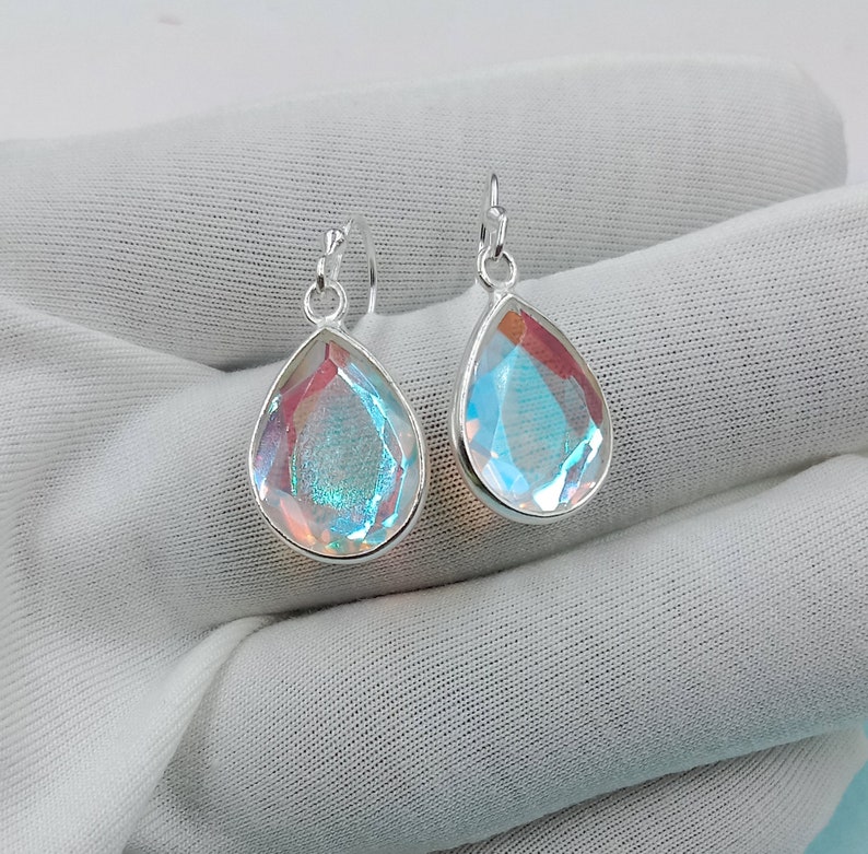 Angel Aura Quartz Teardrop Earrings, Handmade Earring, 925 Sterling Silver, Aura Quartz Earrings, Bezel Earring, Dangle Drop Earrings
