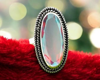 Oval Angel Aura Quartz Ring: Handmade 925 Sterling Silver Jewelry