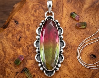 Watermelon Tourmaline Pendant in Sterling Silver | Bi Color Tourmaline Statement Necklace | Handmade Artisan Gemstone Jewelry Gift for Her