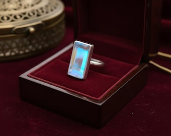 Anello rettangolare fatto a mano con quarzo aura angelica – Argento Sterling, gioielli spirituali