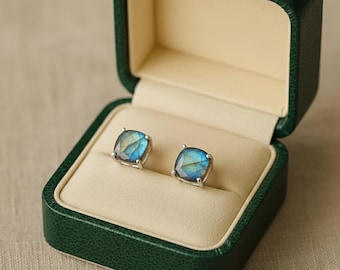 Labradorite Stud Earrings – 925 Sterling Silver – Elegant Blue Flash – Perfect Gift for Her