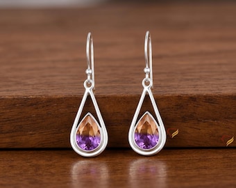 Ametrine Teardrop Earrings | Purple Yellow Gemstone Dangle Jewelry