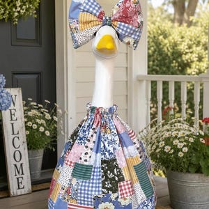 Patchwork Farmhouse Goose Dress & Bow | 23 Inch Porch Goose Outfit