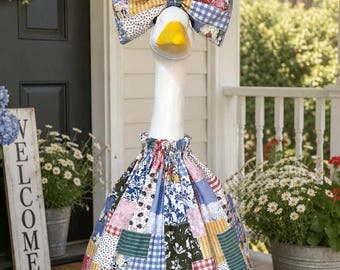 Patchwork Farmhouse Goose Dress & Bow | 23 Inch Porch Goose Outfit