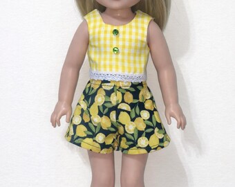 14 Inch Doll Outfit, Yellow Gingham Crop Top, Lemon Print Shorts Set, Summer Clothes
