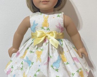 18 Inch Doll Dress – Pastel Bunny Print, Yellow Bow, Handmade Easter Outfit