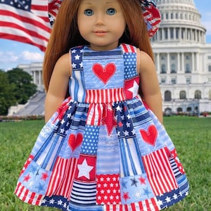 Patchwork American Girl Doll Dress with Hat – Patriotic 18 Inch Doll Clothes