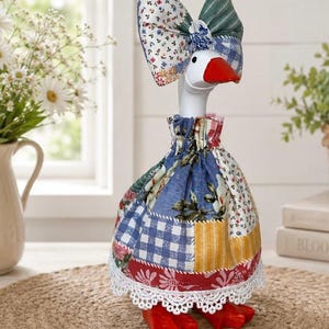 Handmade Patchwork Goose Dress with Bow | Farmhouse Cottage Decor Fits 7 Inch Goose