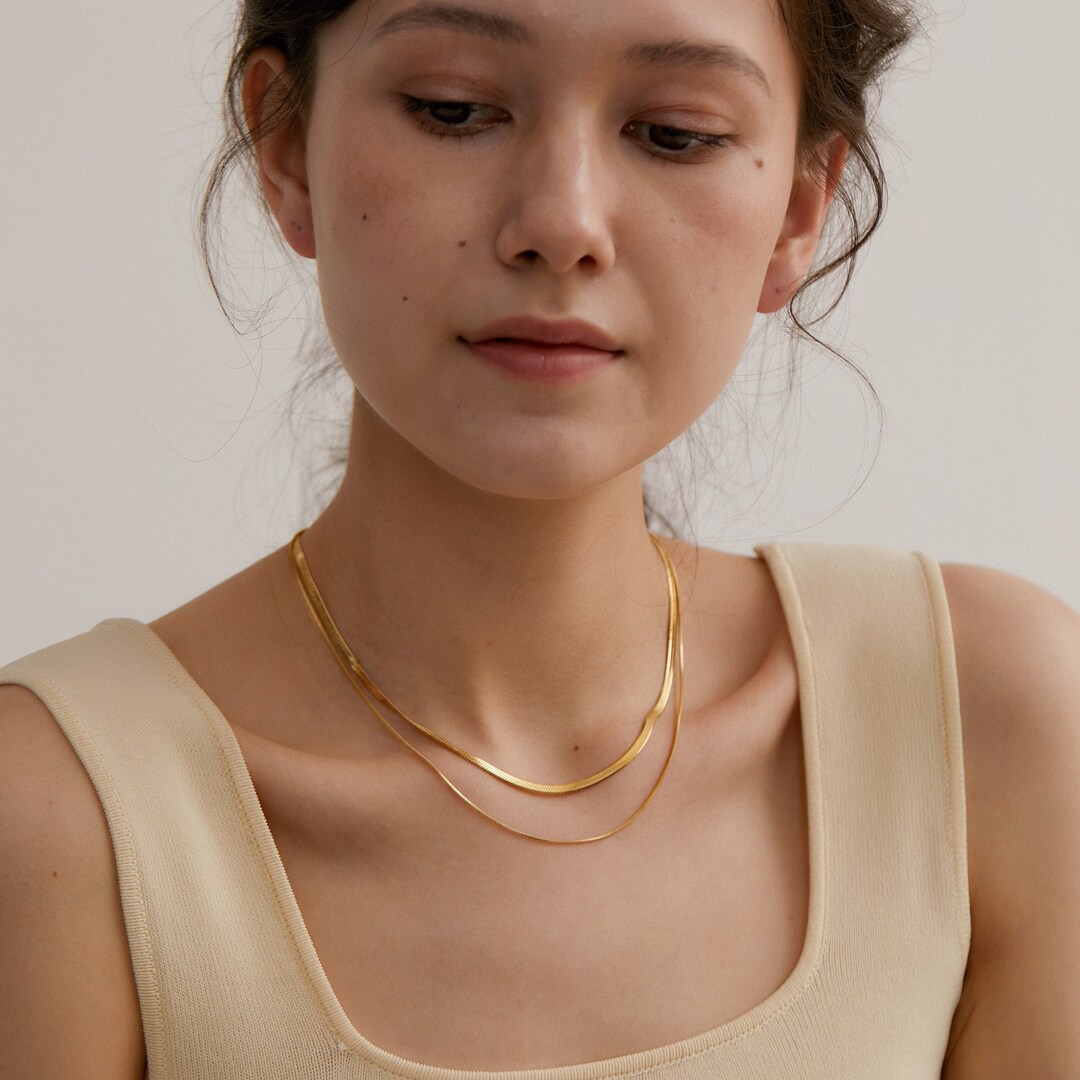 Non Tarnish 3mm Gold Double Layer Necklace, Herringbone Necklace, Gold