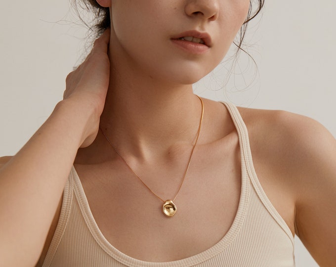 Non Tarnish Gold Pendant Necklace, Irregular Round Pendant, Gold Plated