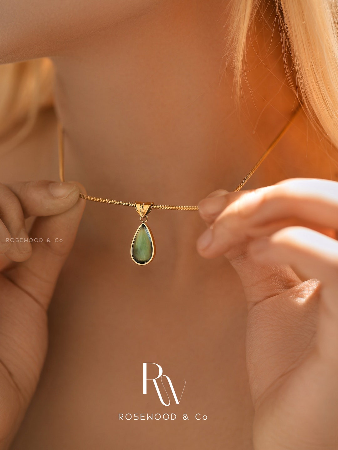 Olive Green Teardrop Pendant Necklace, Gold Teardrop Pendant, 18K Gold