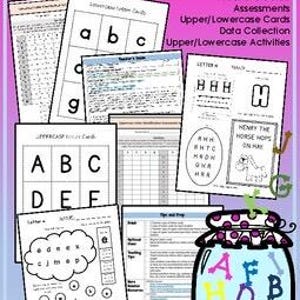 May include: A collection of educational materials for letter identification, including worksheets, flashcards, and a teacher's guide. The materials feature uppercase and lowercase letters, with a jar illustration containing colorful letters. The text "LETTER IDENTIFICATION" is at the top.