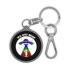 Keyring We Out Here Rainbow Cosmic Spaceship UFO Alien Multi-color Luggage Tag for Travel, Car Keys