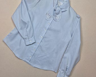 Lady Shapely Women's Long Sleeve Button Up Tie-Neck Striped Blouse Sz L VINTAGE