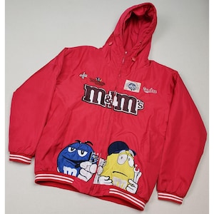 M&M&#39;s NASCAR Racing Hooded Light Jacket Embroidered Sz M Vintage EXTREMELY RARE Red!!!
