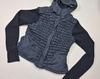 Newport News Women's Long Knit Sleeve Puffer Hooded Jacket Sz L Black VTG Y2K