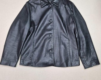 Chaqueta de motociclista con botones de cuero suave negro genuino para hombre de Mossimo Y2K VTG talla L