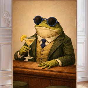 Peut inclure: Impression artistique encadrée d'une grenouille élégante en costume et lunettes de soleil, tenant un cocktail avec une tranche de citron. La grenouille est derrière un bar en bois, sur fond neutre. Style vintage et fantaisiste.