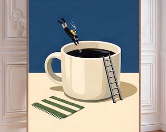 Coffee Diver Wall Art, Blue Kitchen Poster, Whimsical Espresso Print (Digital Download)